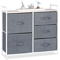 Relaxdays Cajonera Multiusos con 5 Cajones- Metal-Tela- Gris- 54.5 x 100 x 30 cm